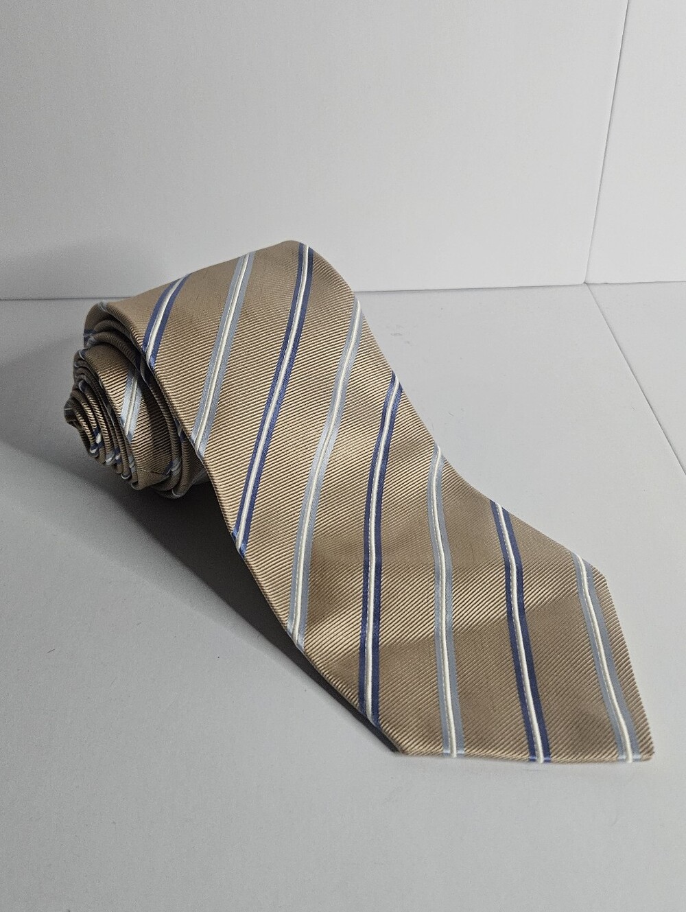 LUIGI BORRELLI Napoli Men's 100% Silk Tie Stripe Gold Tan Blue